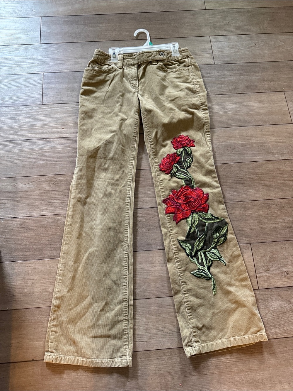Khaki Flared Pants with handsewn Red Rose Embroidery Patch
